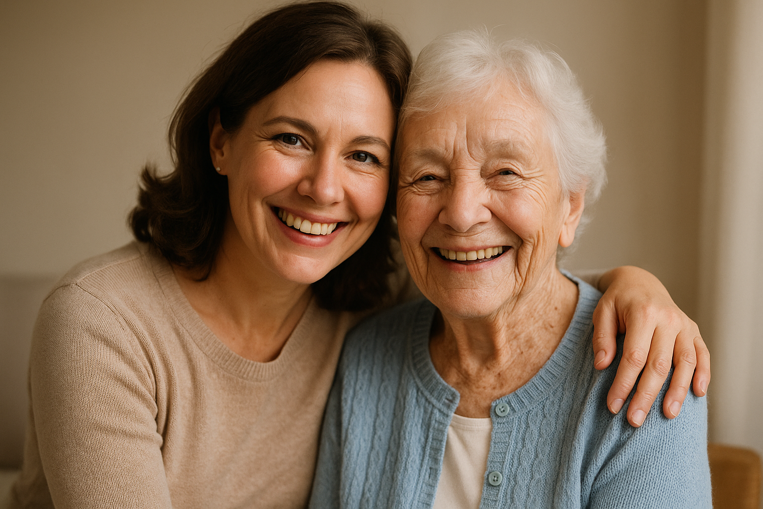 daughter with her elderly mother smiling